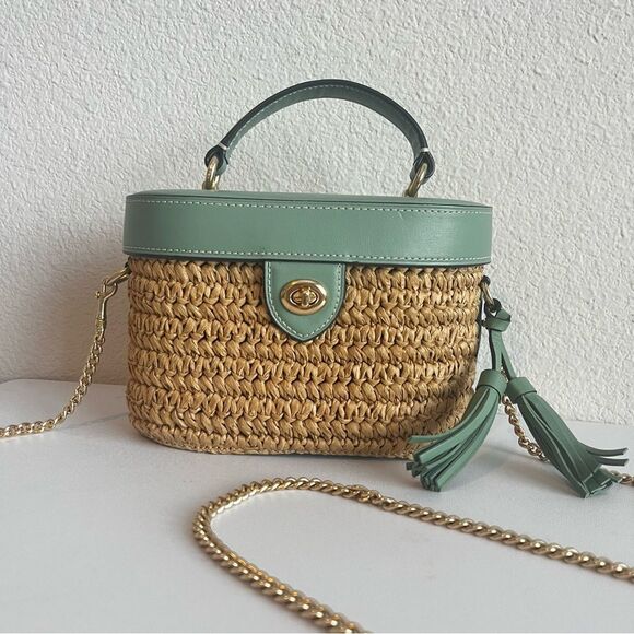 COACH Kay Green Cyan Straw Basket Turlock Crossbody Handbag Bag CA155 - Picture 1 of 11